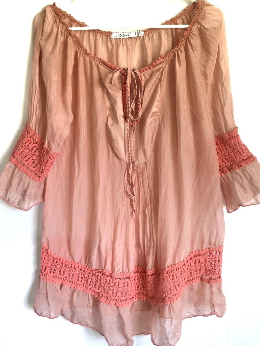 NICOLE Italy Silk Crochet Pintuck Tunic Top S
